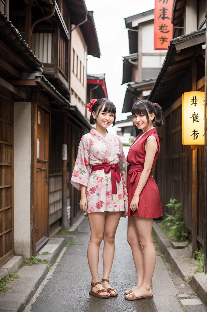 2 girls standing in old-Japanese street,yukata,18-year-old,bangs,a little smile,thighs,knees,short hair and low pigtails with red ribbon bow,from before,front light