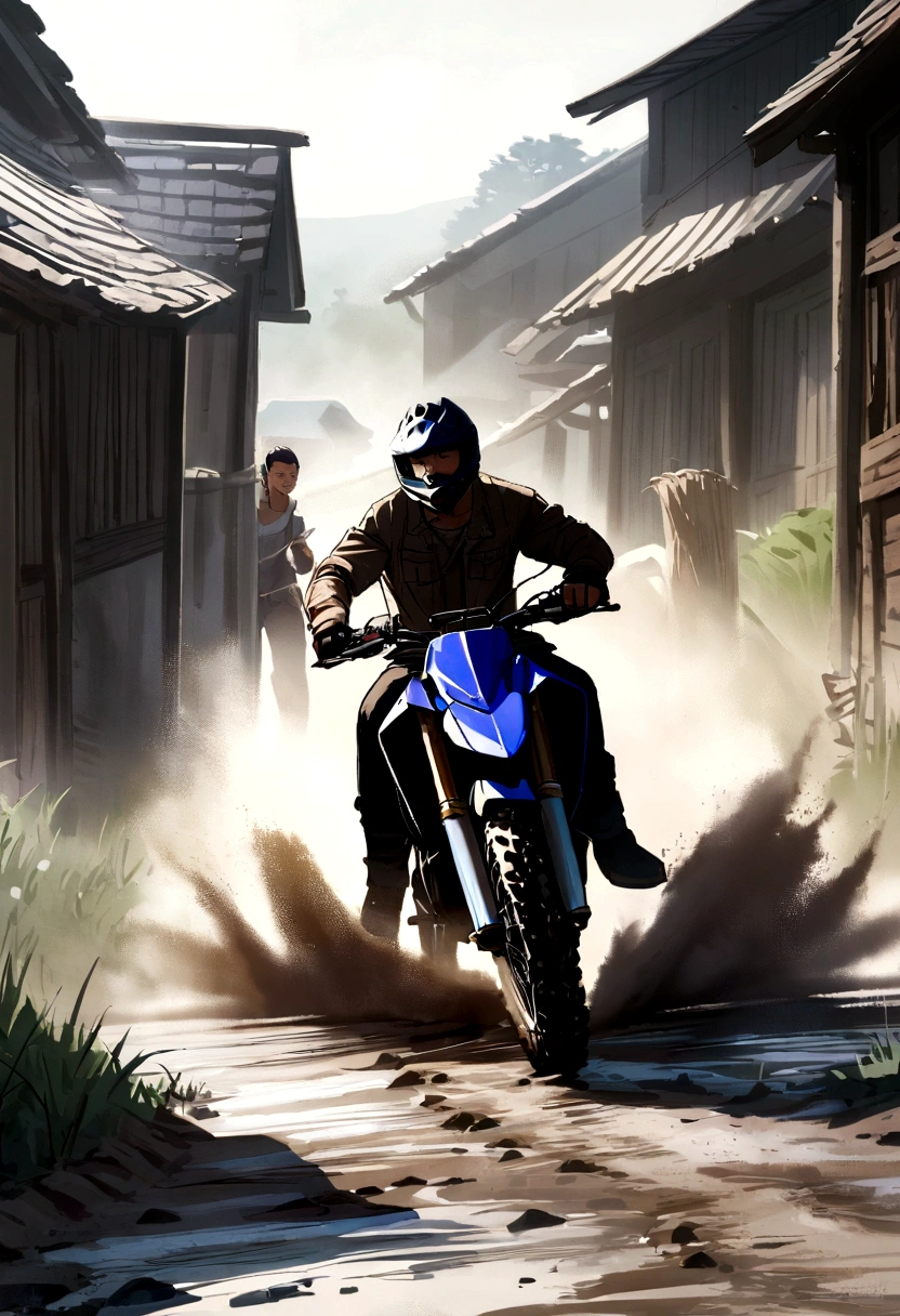 a young man riding an offroad yamaha motorcycle, fast, in a village, muddy road