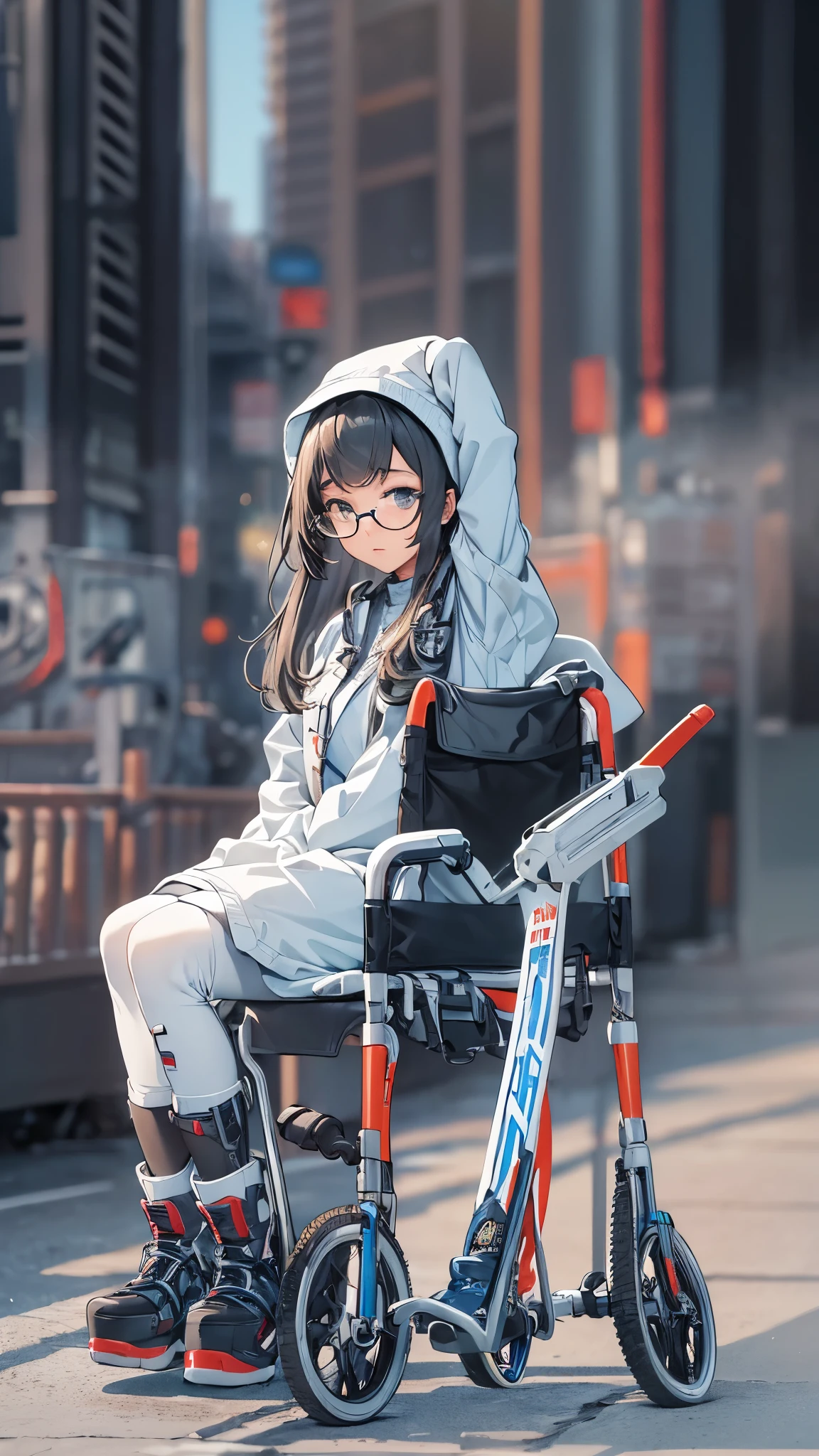 (Very detailed, Realistic), Cityscape, [moderately:Oil], [Professional:1.1], [Physically Based Rendering], [Bright colors], [Sharp focus], [Studio Lighting], [Extreme Detail], [Highest quality,4K,8K,High resolution,masterpiece:1.2],(Detailed face),((inside the hospital)),((One 18-year-old woman)),(Glasses),(Black unkempt hair),(dark),(it hurts),(Scary),[Nervous eyes],((She walks with crutches,Crutch length from armpit,Crutches are at her side)),((she’s putting on her legs in cast)),((leg braces)),((leg braces)),((she’s wheelchair user)),((Her feet are turned inwards)),(winter clothes ladies fashion,trench coat,tights),((lace-up-long-boots)),(gloves,Knee pads),.