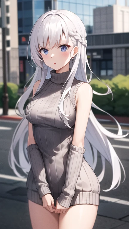 masterpiece, best quality, highres, aabelfast, long hair, french braid, white hair, sweater dress, ribbed sweater, sleeveless, standing, cowboy shot, street, :o