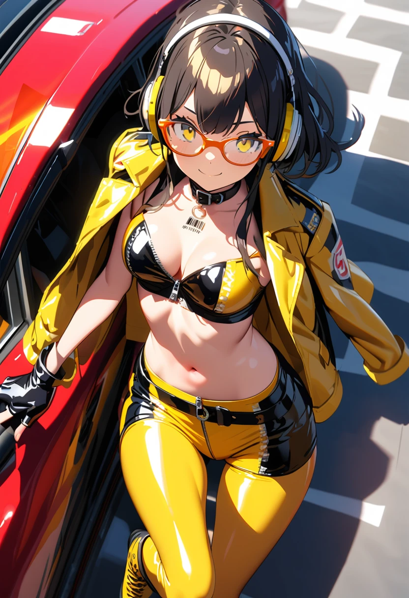 (extremely detailed fine touch:1.3), (hard light, light rays, dappled light, reflection, shadows, ray tracing:1.0), (2D:1.3), (kawaii girl: 1.3), (barcode tattoo: 1.3), super very black short hair,, highlight in eyes, smile, BREAK, (((yellow glasses:1.3))), underrim, (headphones:1.2), collar, skindentation, latex, zipper, jacket on shoulders, gloves, fingerless gloves, navel, open clothes, race queen, lace-up boots, car