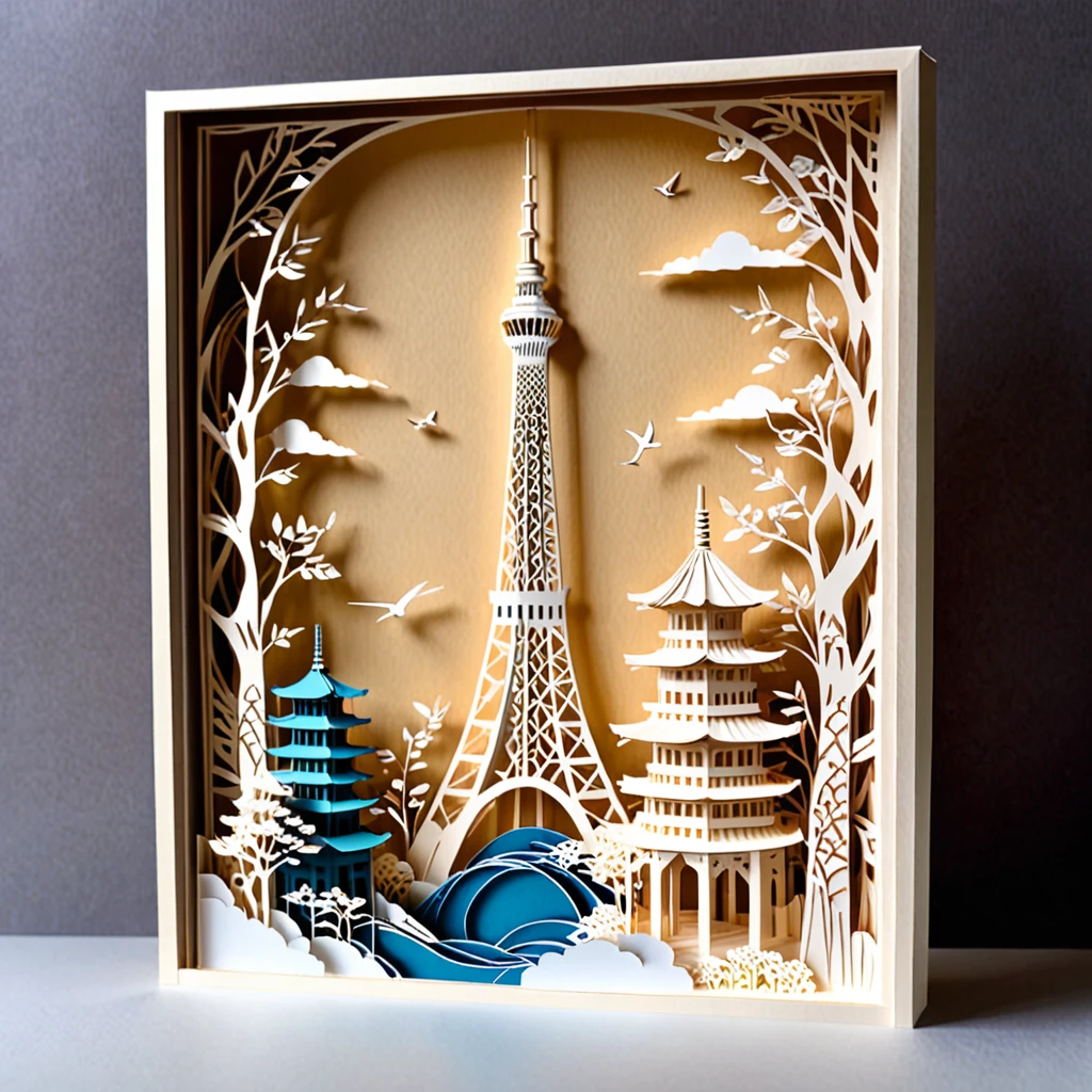 Create a detailed illustration of Tokyo Skytree crafted from paper cutting. The Skytree should be intricately designed with fine, precise cuts to showcase its iconic structure. The paper should have a crisp, clean look with sharp edges and detailed patterns to highlight the architectural elements. Use soft, natural lighting to enhance the textures and shadows created by the paper cuts. The background can be simple, with a subtle gradient or plain color, to keep the focus on the paper-cut Skytree. The overall atmosphere should be delicate and artistic, capturing the craftsmanship and beauty of paper art