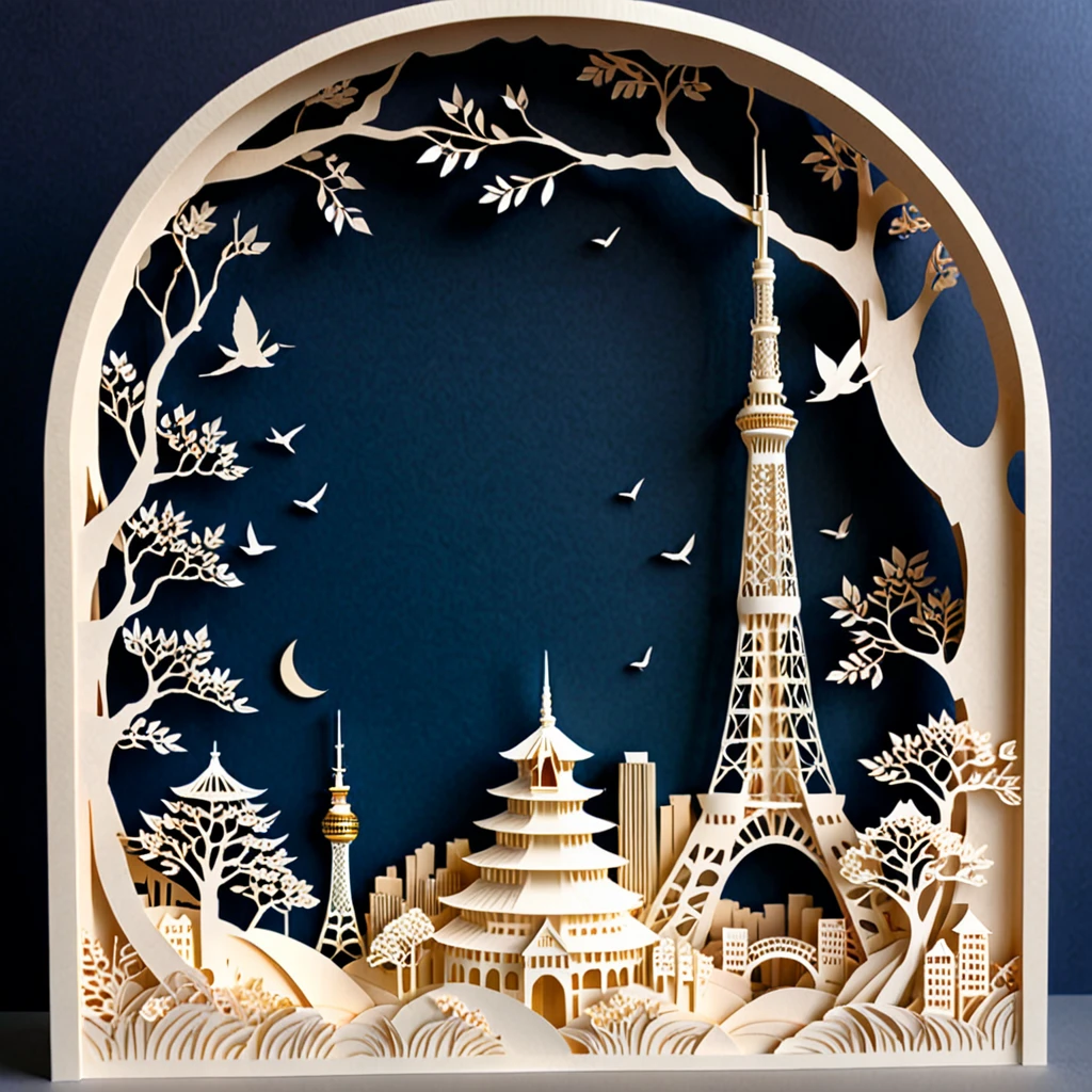 Create a detailed illustration of Tokyo Skytree crafted from paper cutting. The Skytree should be intricately designed with fine, precise cuts to showcase its iconic structure. The paper should have a crisp, clean look with sharp edges and detailed patterns to highlight the architectural elements. Use soft, natural lighting to enhance the textures and shadows created by the paper cuts. The background can be simple, with a subtle gradient or plain color, to keep the focus on the paper-cut Skytree. The overall atmosphere should be delicate and artistic, capturing the craftsmanship and beauty of paper art