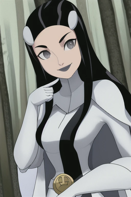 Phantom girl, solo, girl1, long black hair, bodysuit, grey eyes, smile, grey lips, white cape, best quality, masterpiece, forest