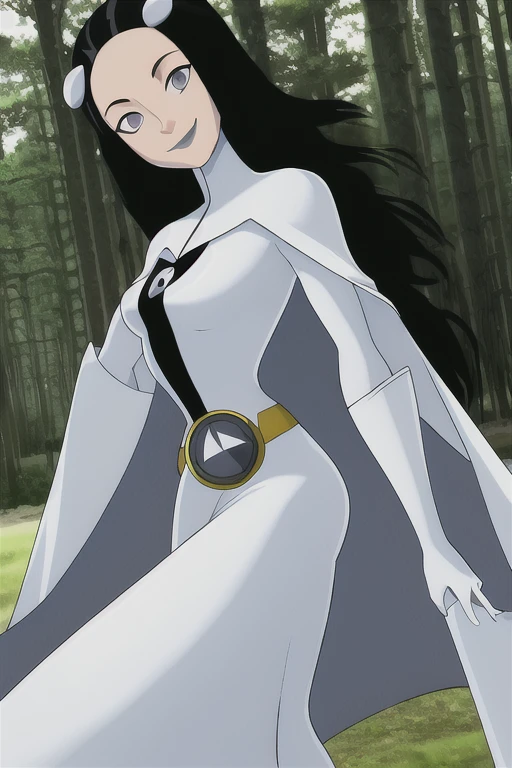 Phantom girl, solo, girl1, long black hair, bodysuit, grey eyes, smile, grey lips, white cape, best quality, masterpiece, forest