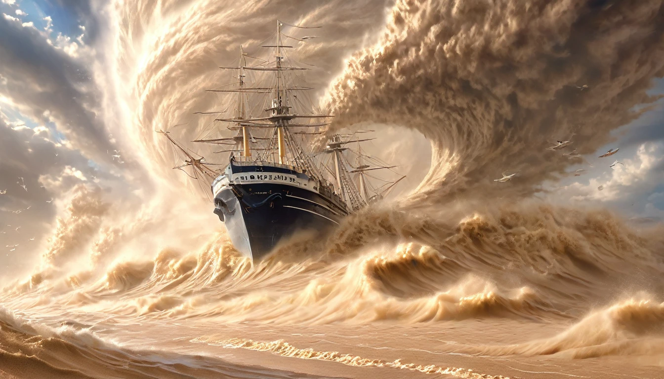 masterpiece, best quality, extremely detailed, hyperrealistic, photorealistic, sea, sand storm, sand tornado, strong wind, ship