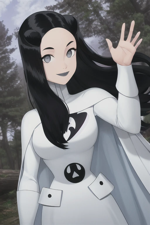 Phantom girl, solo, girl1, long black hair, bodysuit, grey eyes, smile, grey lips, white cape, best quality, masterpiece, forest