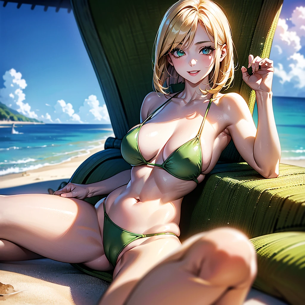 (masterpiece、Highest quality、High resolution、Highest quality、Realistic depiction)Created by Girl(whole body)、Blonde Bob Hair、Beautiful Eyes、Green Bikini、Emphasizing body lines、Sexy pose、from the front、Big Breasts、Chest、chest emphasis、Chest、slouch、valley、smile、Beach、