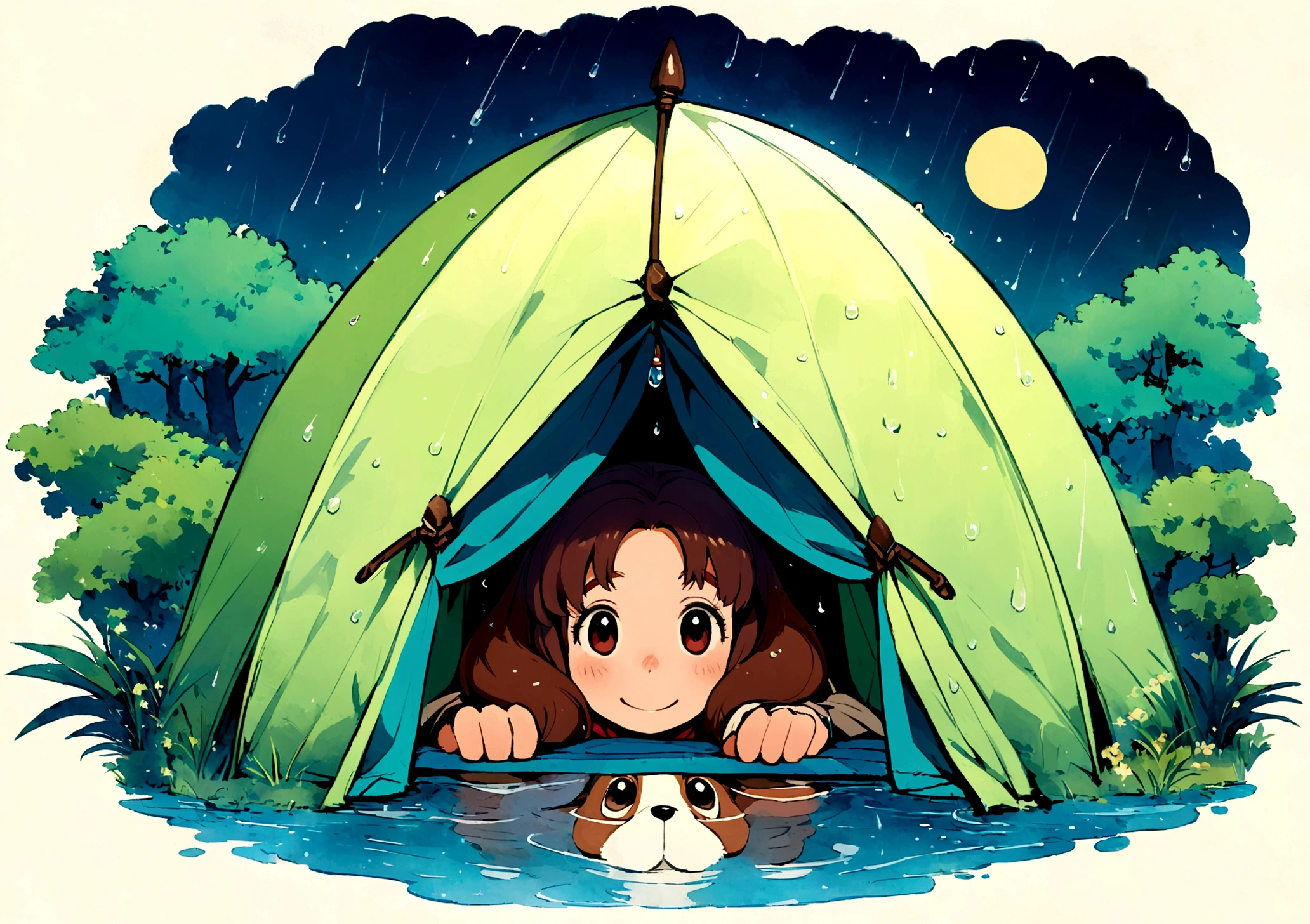 Create a vibrant and detailed image in the style of Studio Ghibli, inspired by "Princess Mononoke." The scene is set inside a cozy tent at night, with rain softly pattering against the tent's surface. The focus of the image should be a large, close-up view of a miniature dachshund's face, showing a calm and chill expression. Alongside the dachshund, include a woman with a serene demeanor, perhaps sitting or lying next to the dog, enjoying the peaceful atmosphere. Outside the tent, the view extends to a tranquil lake, with the rain creating gentle ripples on its surface. The colors should be rich and vivid, capturing the magical and serene essence of the night. The surrounding nature should be lush and detailed, evoking the enchanting landscapes from "Princess Mononoke." The overall composition should create a harmonious blend of the cozy, rain-soaked tent, the miniature dachshund's serene face, the woman's calm presence, and the picturesque, tranquil lake at night.