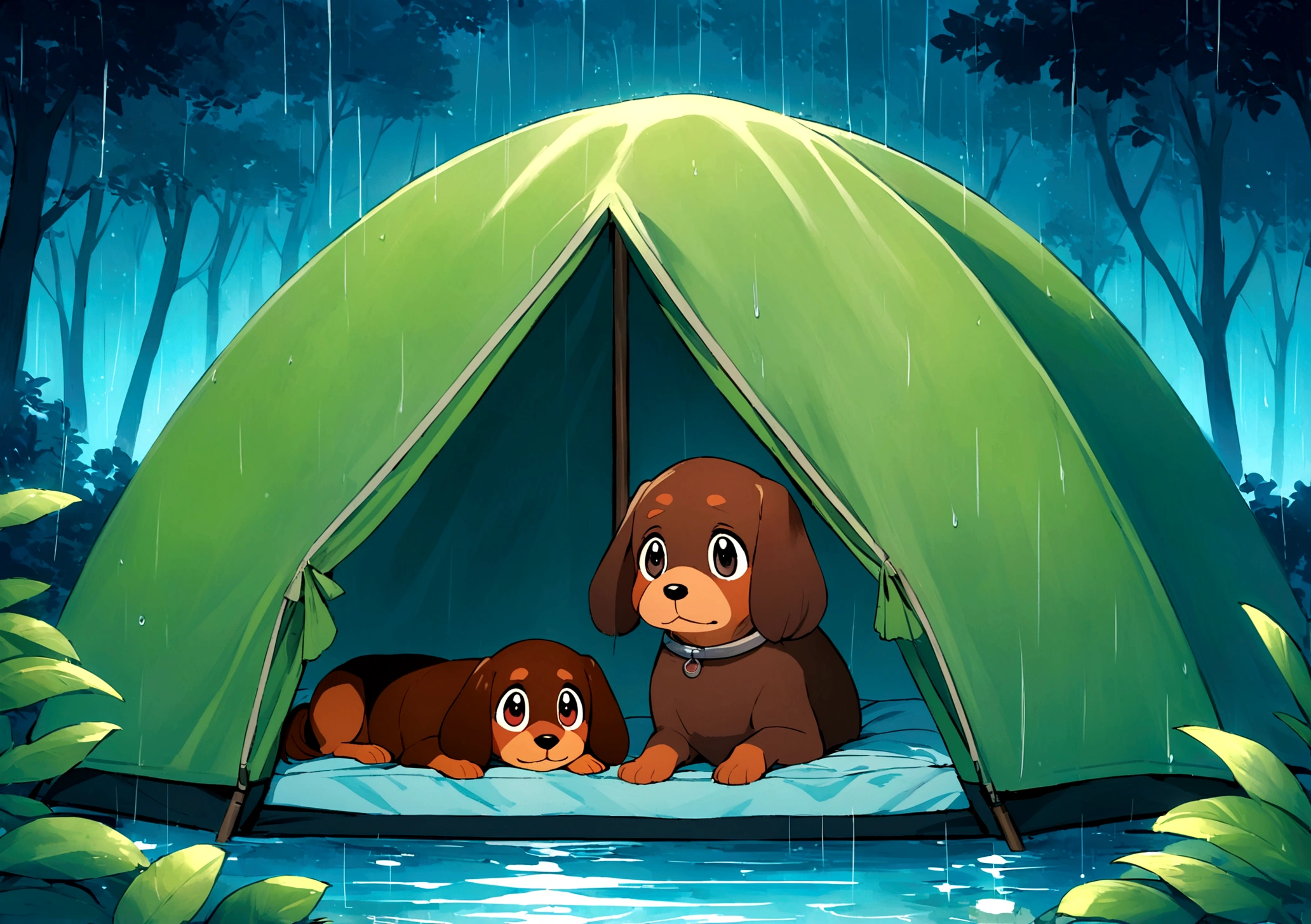 Create a vibrant and detailed image in the style of Studio Ghibli, inspired by "Princess Mononoke." The scene is set inside a cozy tent at night, with rain softly pattering against the tent's surface. The focus of the image should be a large, close-up view of a miniature dachshund's face, showing a calm and chill expression. Alongside the dachshund, include a woman with a serene demeanor, perhaps sitting or lying next to the dog, enjoying the peaceful atmosphere. Outside the tent, the view extends to a tranquil lake, with the rain creating gentle ripples on its surface. The colors should be rich and vivid, capturing the magical and serene essence of the night. The surrounding nature should be lush and detailed, evoking the enchanting landscapes from "Princess Mononoke." The overall composition should create a harmonious blend of the cozy, rain-soaked tent, the miniature dachshund's serene face, the woman's calm presence, and the picturesque, tranquil lake at night.