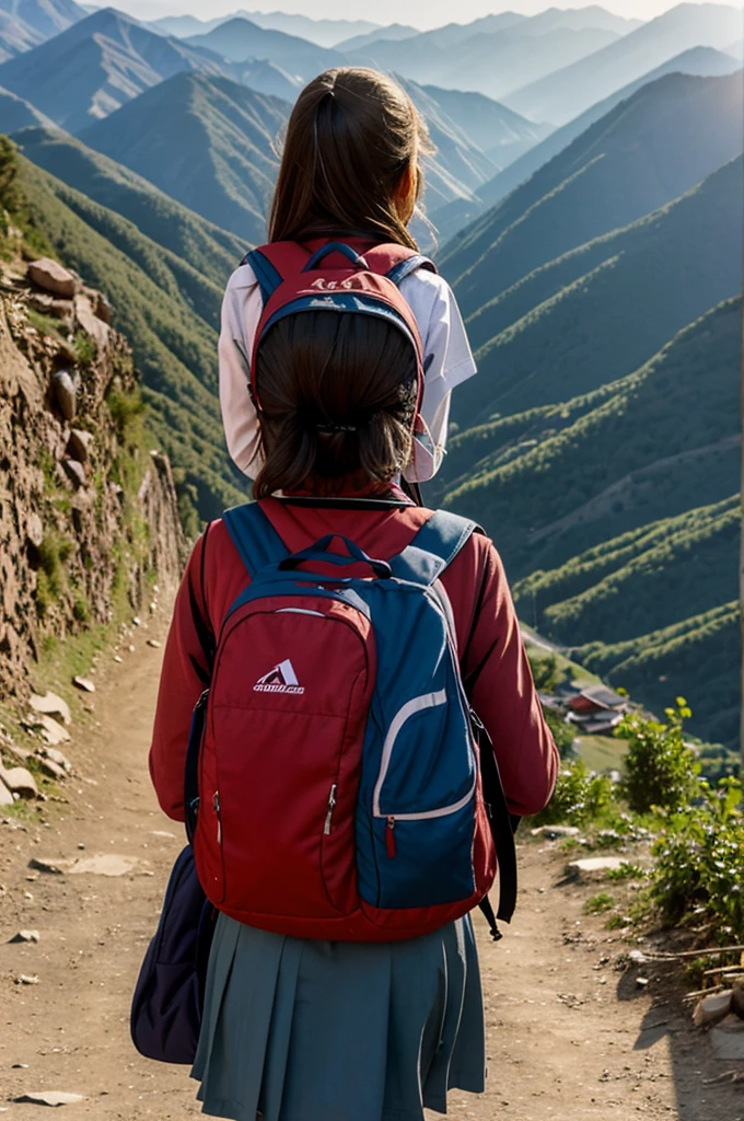 A girl from the mountains going to school nervous and the school appearing in the background 