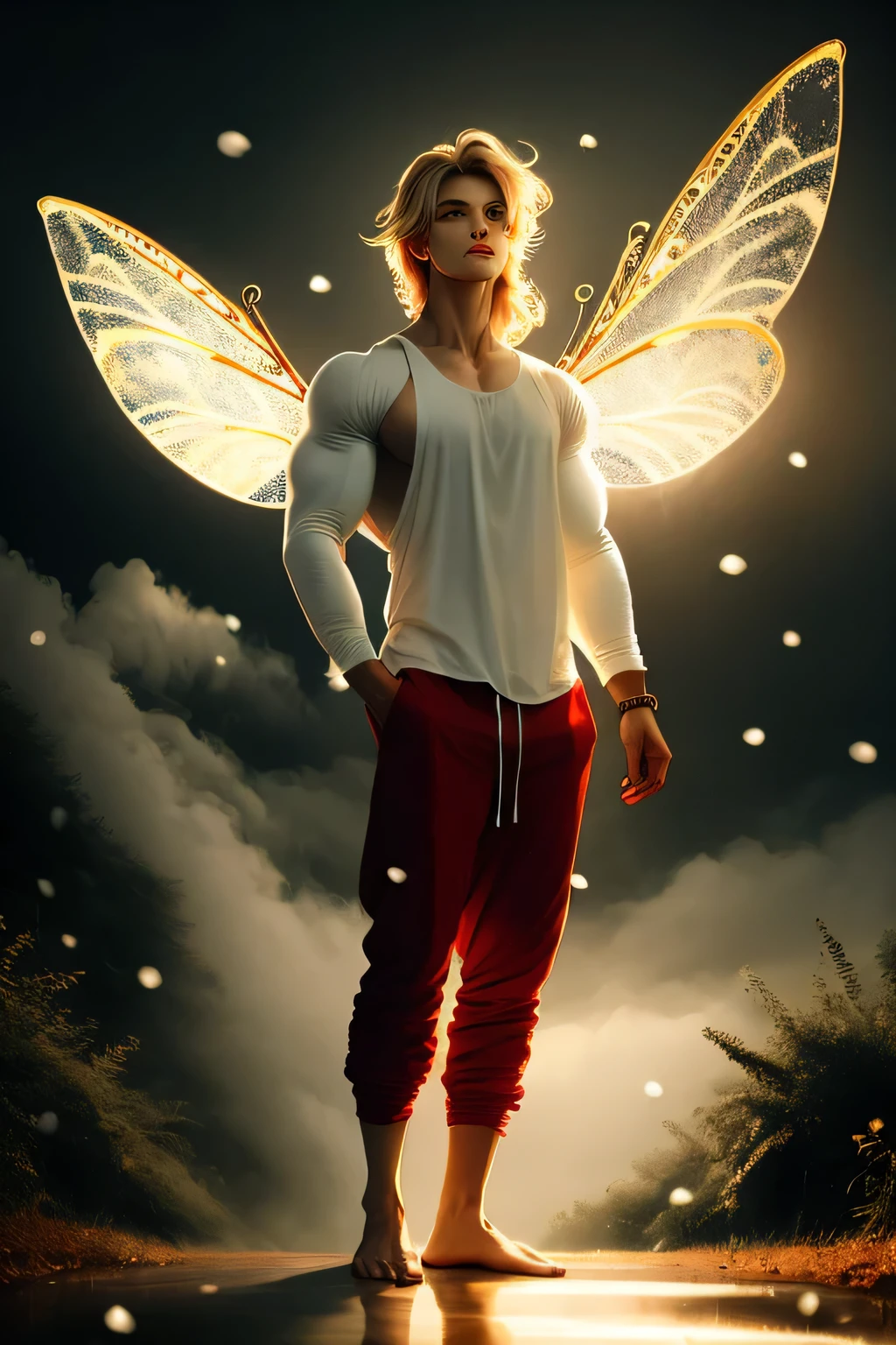a cute muscle builder boy fairy with a mischievous face and long blonde flowing wavy long hair, delicate pointed ears, wearing harem pants and long sleeve tank top, barefoot, dancing ballet. Dragonfly wings. in a wood. well composed, clean elegant painting, beautiful detailed face. art by Artgerm and Tom bagshaw,fairycore ,nostalgic lighting ,enchanted art ,mystical ,foggy atmosphere ,crimson snow ,snowing crimson ,magical