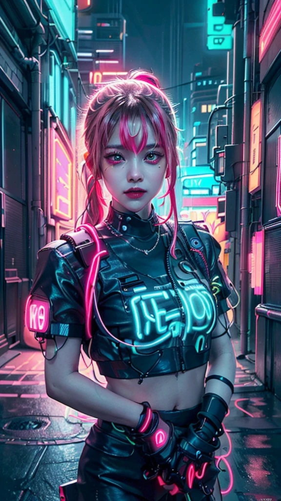 8K,beautiful,cyber punk,cyber punkな街並み,(Neon City:1.5),Neon night,Flashy cityscape,Charming girl at 18 years old,Baby Face,Pink Hair,ponytail