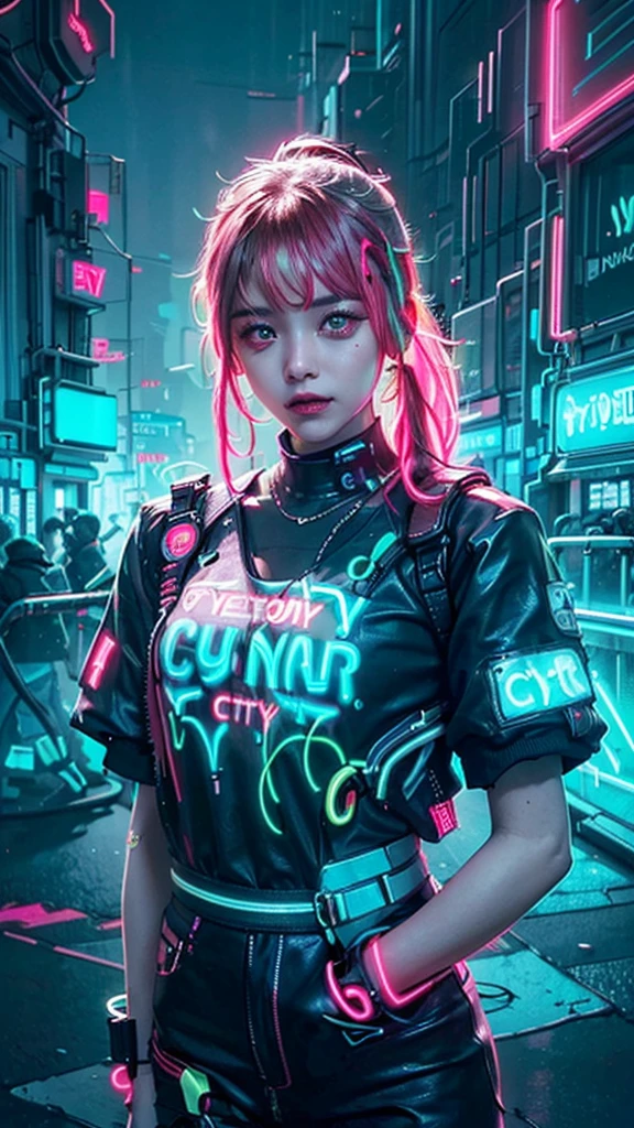 8K,beautiful,cyber punk,cyber punkな街並み,(Neon City:1.5),Neon night,Flashy cityscape,Charming girl at 18 years old,Baby Face,Pink Hair,ponytail