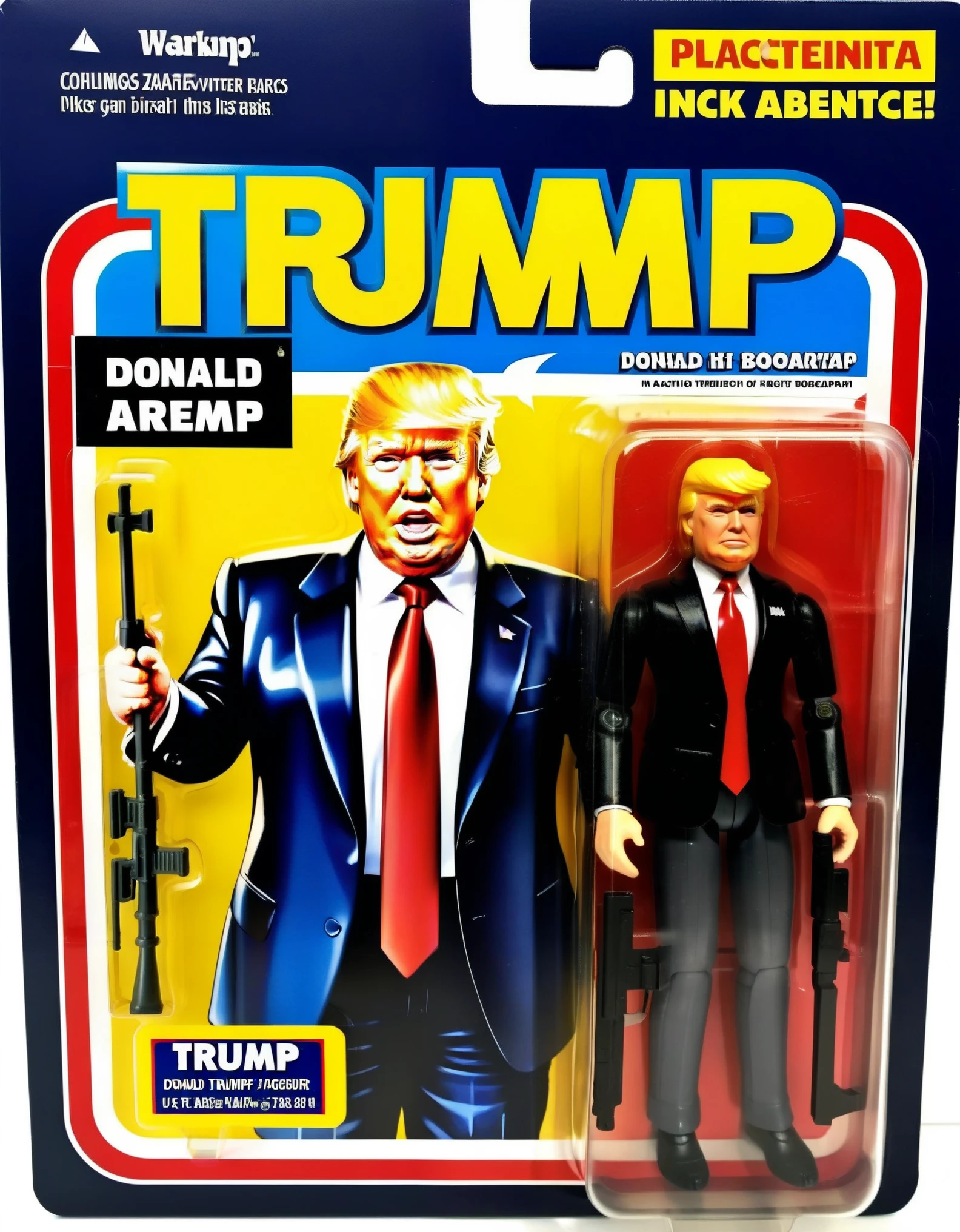 An action figure of donald trump in a plastic box, resembling a photograph. The figure is in a Excitement in standing with a Bazooka, wearing dark grey suits, The packaging displays Trump's dynamic in-life moments and his signature interpretation,