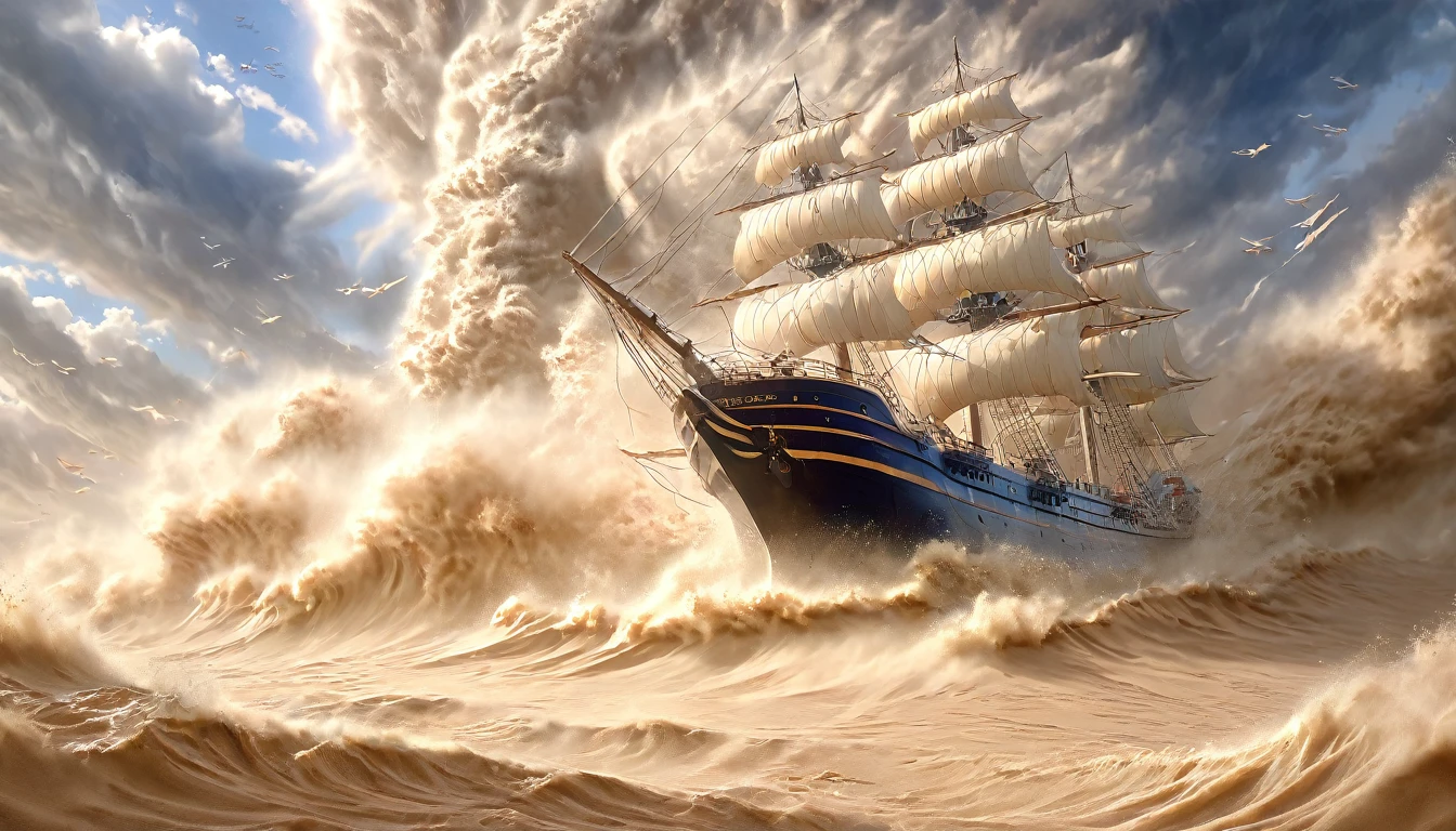 masterpiece, best quality, extremely detailed, hyperrealistic, photorealistic, sea, sand storm, sand tornado, strong wind, ship
