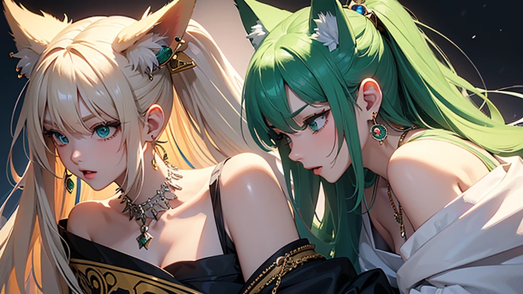 High angle bust zoom up。flat２D Anime Illustration。Emerald Punk Background。Ultra high definition。Enraged, he turns his face away。Lying on the floor。Off-the-shoulder clothing。Navel clothes。Beauty。Long white hair and fox ears。Huge bust。Many earrings。Many necklaces。Many broocheany hair accessories。