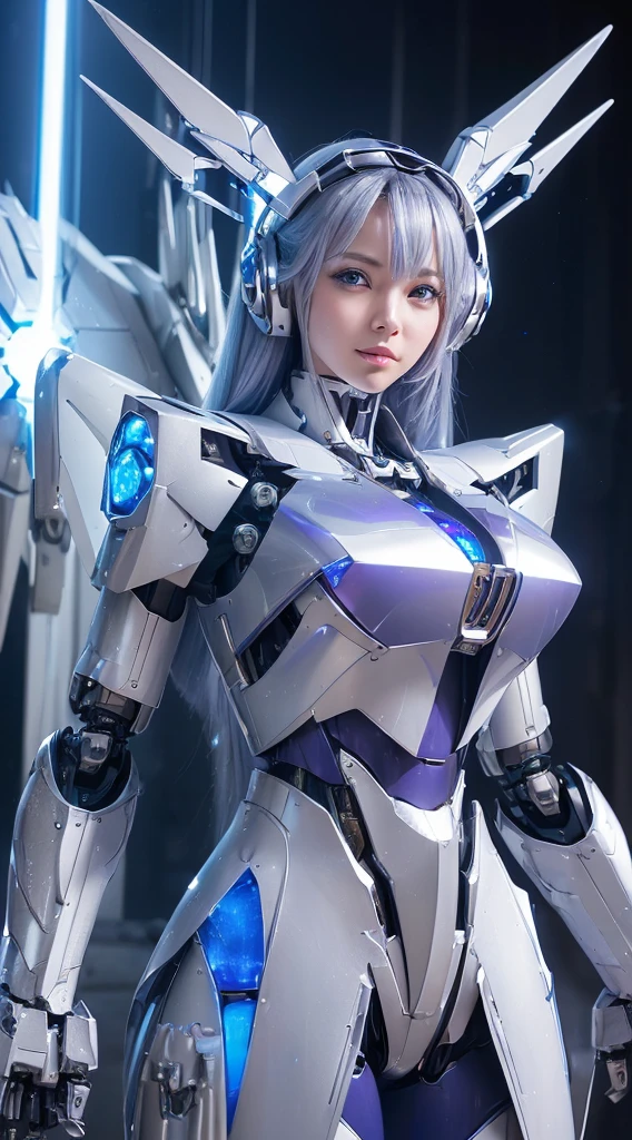 ((Intense action pose:1.6))、((Shining lenses on both breasts:1.3))、((Blue pillars of light are emanating from both chests.:1.3))、smile、((8K)), ((32k)), ((Highest quality)), ((masterpiece)), ((超A high resolution)), ((Tmasterpiece)), ((Halation:1.4))、((Mechaニカルheadgear:1.2))、((Cyber headphones:1.3))、Fine skin, High quality fabric, Fine metal texture、((Beautiful and dense face))、RAW Photos、Professional, Ultra-fine painting, ((alone)), Beautiful breasts、Highest quality, Very detailed, Very detailed詳細, Finer details, so beautiful, ((Princess Knight Robot:1.2)),  (Joints of machines, Mechanical Limbs:1.3), (The internal structure of the machine is exposed:1.3), (Long silver hair:1.1), (Beautiful and huge mechanical breasts)、White Veil, cowboy_shot, Side Focus, headgear, Shiny、(Five Fingers, Four fingers and thumb),Concept Art, Anime fantasy artwork, Detailed fantasy art, (with pale blue-violet hair and large white wings,,,,,,,), (((Long silver hair))), (Mecha:1.6)、Sleek and intimidating design, ((Commander-in-Chief&#39;arm)), (Perfect robot body)、純白と青紫armまたは, Symmetrical wings, 8K high quality, detailed art, 3D rendering of character art in 8K, neat legs, Defined, Defined fingers,