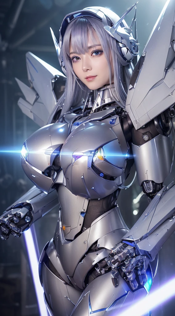 ((Intense action pose:1.6))、((Shining lenses on both ???????:1.3))、((Blue pillars of light are emanating from both chests.:1.3))、smile、((8K)), ((32k)), ((Highest quality)), ((masterpiece)), ((超A high resolution)), ((Tmasterpiece)), ((Halation:1.4))、((Mechaニカルheadgear:1.2))、((Cyber headphones:1.3))、Fine skin, High quality fabric, Fine metal texture、((Beautiful and dense face))、RAW Photos、Professional, Ultra-fine painting, ((alone)), Beautiful ???????、Highest quality, Very detailed, Very detailed詳細, Finer details, so beautiful, ((Princess Knight Robot:1.2)),  (Joints of machines, Mechanical Limbs:1.3), (The internal structure of the machine is exposed:1.3), (Long silver hair:1.1), (Beautiful and huge mechanical ???????)、White Veil, cowboy_shot, Side Focus, headgear, Shiny、(Five Fingers, Four fingers and thumb),Concept Art, Anime fantasy artwork, Detailed fantasy art, (with pale blue-violet hair and large white wings,,,,,,,), (((Long silver hair))), (Mecha:1.6)、Sleek and intimidating design, ((Commander-in-Chief'arm)), (Perfect robot body)、純白と青紫armまたは, Symmetrical wings, 8K high quality, detailed art, 3D rendering of character art in 8K, neat legs, Defined, Defined fingers,