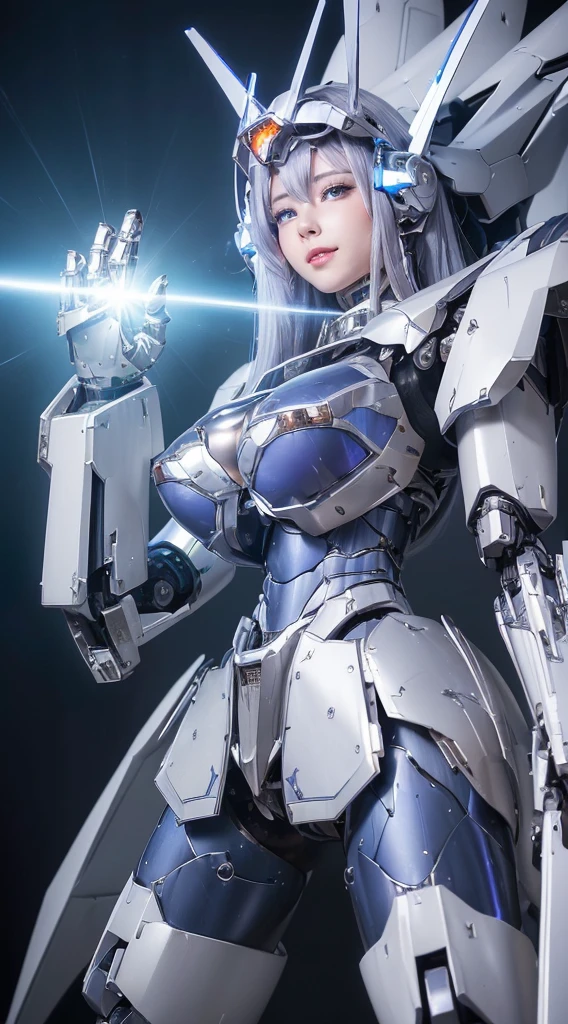 ((Intense action pose:1.6))、((Shining lenses on both breasts:1.3))、((Blue pillars of light are emanating from both chests.:1.3))、smile、((8K)), ((32k)), ((Highest quality)), ((masterpiece)), ((超A high resolution)), ((Tmasterpiece)), ((Halation:1.4))、((Mechaニカルheadgear:1.2))、((Cyber headphones:1.3))、Fine skin, High quality fabric, Fine metal texture、((Beautiful and dense face))、RAW Photos、Professional, Ultra-fine painting, ((alone)), Beautiful breasts、Highest quality, Very detailed, Very detailed詳細, Finer details, so beautiful, ((Princess Knight Robot:1.2)),  (Joints of machines, Mechanical Limbs:1.3), (The internal structure of the machine is exposed:1.3), (Long silver hair:1.1), (Beautiful and huge mechanical breasts)、White Veil, cowboy_shot, Side Focus, headgear, Shiny、(Five Fingers, Four fingers and thumb),Concept Art, Anime fantasy artwork, Detailed fantasy art, (with pale blue-violet hair and large white wings,,,,,,,), (((Long silver hair))), (Mecha:1.6)、Sleek and intimidating design, ((Commander-in-Chief&#39;arm)), (Perfect robot body)、純白と青紫armまたは, Symmetrical wings, 8K high quality, detailed art, 3D rendering of character art in 8K, neat legs, Defined, Defined fingers,