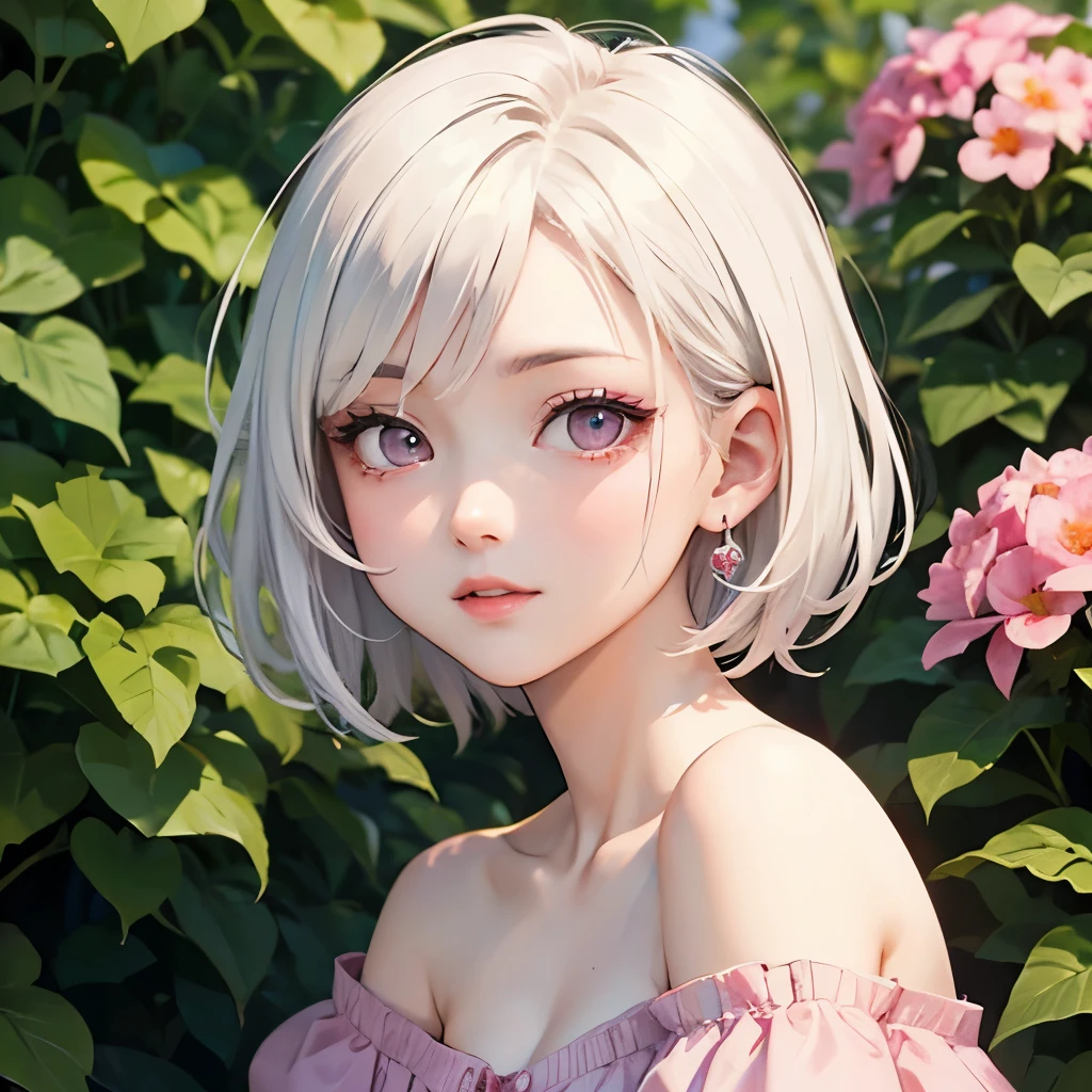 ((best quality)), ((masterpiece)), (detailed), perfect face. Asian girl. White hair. Short hair. Pink eyes. Off shoulder. Garden.