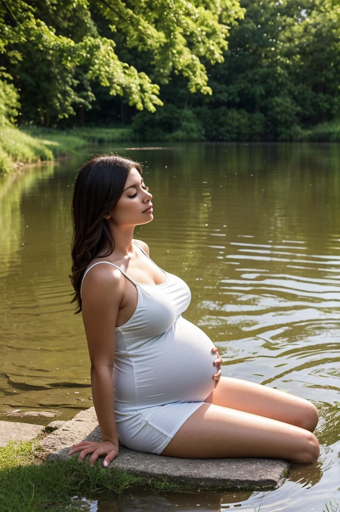 pregnant woman sitting on grass by a river with her eyes closed, a picture by Romain brook, instagram, realism, sitting at a pond, sitting in front of a lake, maternity feeling, sitting near a river, pregnant belly, at the waterside, pregnancy, relaxed pose, cindy avelino, photoshoot, she is in pure bliss