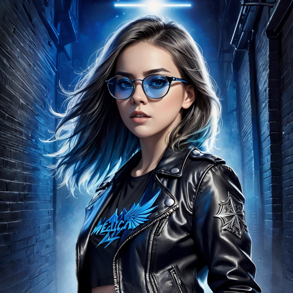 Create an AI image of a CD cover for in the style of heavy metal bands with influences from Metallica. Feature a young woman wering a black leather jacket with blue details shirt and vintage glasses in the center. The background is a black wall. The title Heavy Metal should be in bold blue letters, prominently displayed at the top. Include the text "Mike AI Creativity" in smaller text at the top right. 