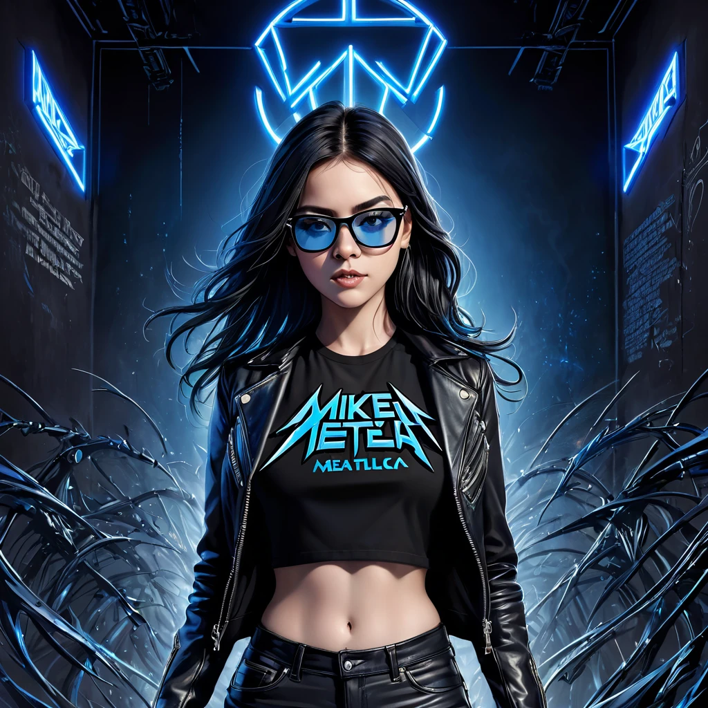 Create an AI image of a CD cover for in the style of heavy metal bands with influences from Metallica. Feature a young woman wering a black leather jacket with blue details shirt and vintage glasses in the center. The background is a black wall. The title Heavy Metal should be in bold blue letters, prominently displayed at the top. Include the text "Mike AI Creativity" in smaller text at the top right. 