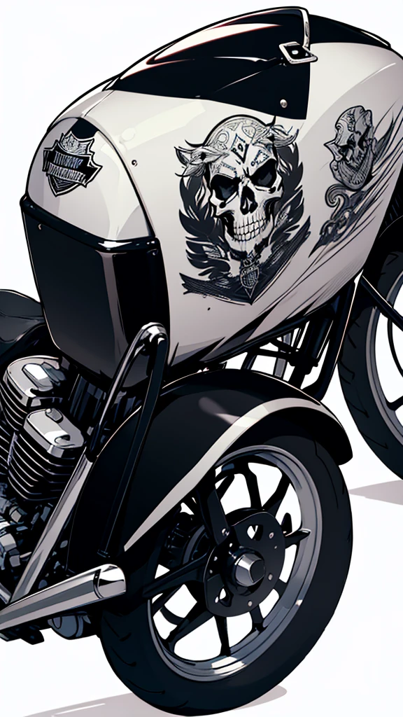 Drawing of a Harley Davidson motorcycle being ridden by a man with a skull head. Black and white tattoo design