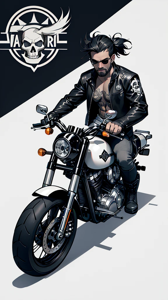 Drawing of a Harley Davidson motorcycle being ridden by a man with a skull head. Black and white tattoo design 
