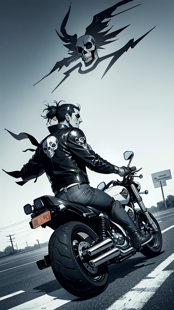 Drawing of a Harley Davidson motorcycle being ridden by a man with a skull head. Black and white tattoo design