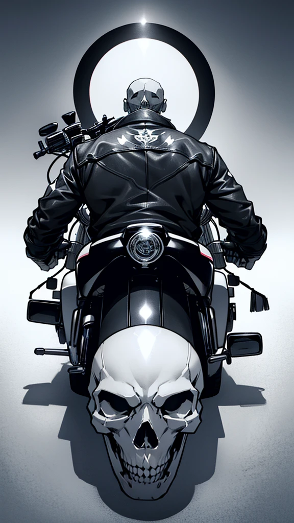 Drawing of a Harley Davidson motorcycle being ridden by a man with a skull head. Black and white tattoo design 