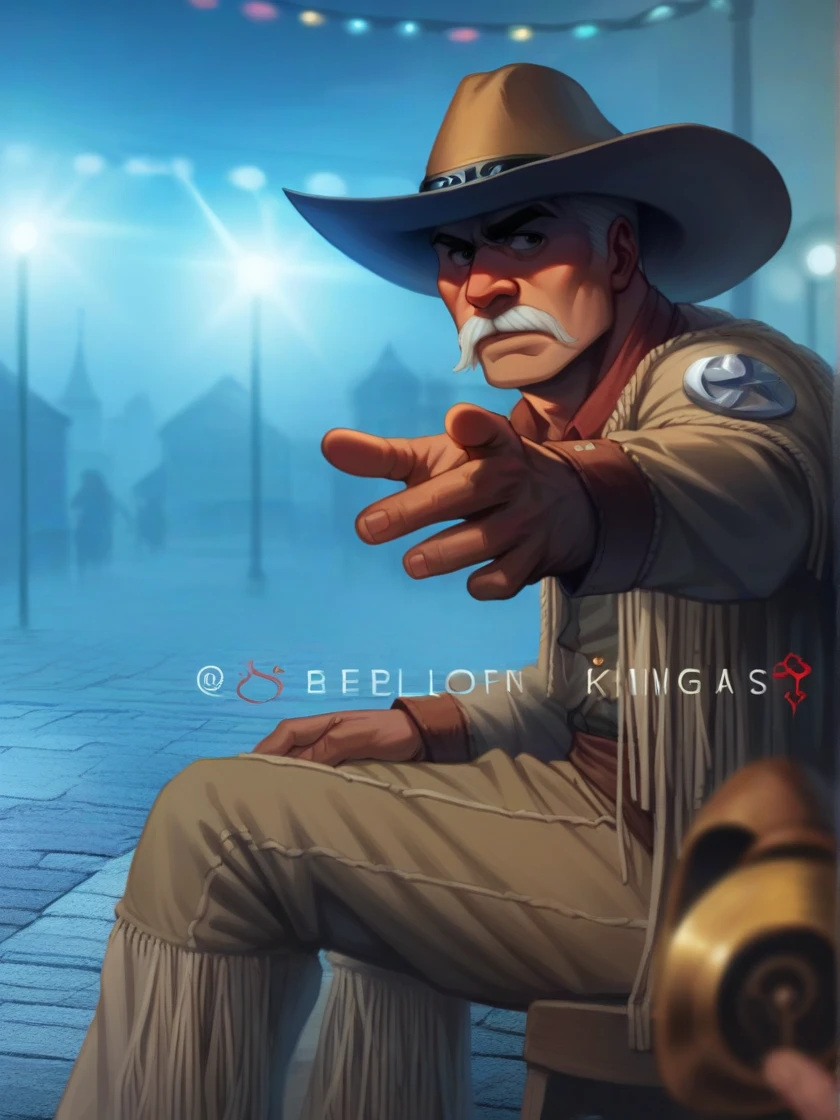 a man dressed like a cowboy, with a wide-brimmed beige cowboy hat and a fringed coat. He is sitting and extends his right hand forward, pointing directly at the camera. The man has a serious face and a thick white mustache.
In the background, the scene is slightly blurry, with bluish lighting that gives it a mysterious air. It is possible to see some figures of other cowboys on horses in the background, shrouded in fog. The floor appears to be cobblestone, and there are bright lights at the top of the image, suggesting that the scene takes place at night or in a low-light environment, perhaps on a street or square in an Old West town.
The overall atmosphere of the picture is dramatic and suspenseful, with a classic western feel.