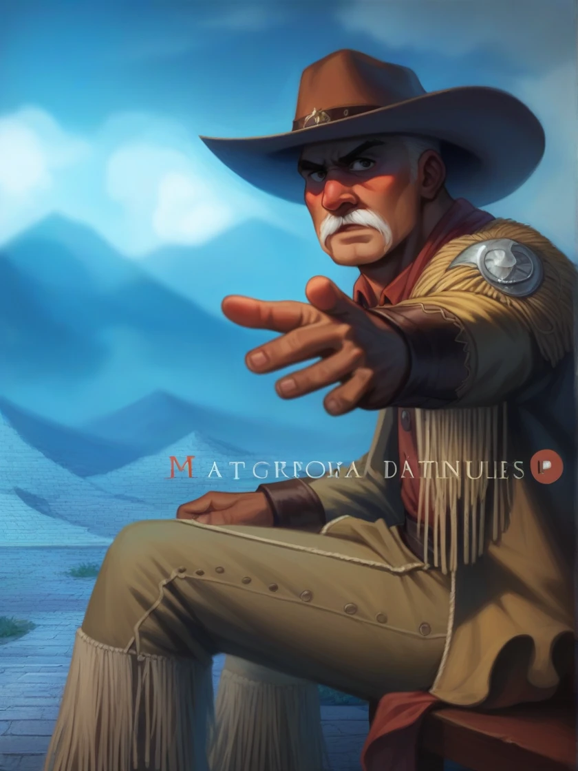 a man dressed like a cowboy, with a wide-brimmed beige cowboy hat and a fringed coat.  He is sitting and extends his right hand forward, pointing directly at the camera.  The man has a serious face and a thick white mustache. 

 In the background, the scene is slightly blurry, with bluish lighting that gives it a mysterious air.  It is possible to see some figures of other cowboys on horses in the background, shrouded in fog.  The floor appears to be cobblestone, and there are bright lights at the top of the image, suggesting that the scene takes place at night or in a low-light environment, perhaps on a street or square in an Old West town.

 The overall atmosphere of the picture is dramatic and suspenseful, with a classic western feel.