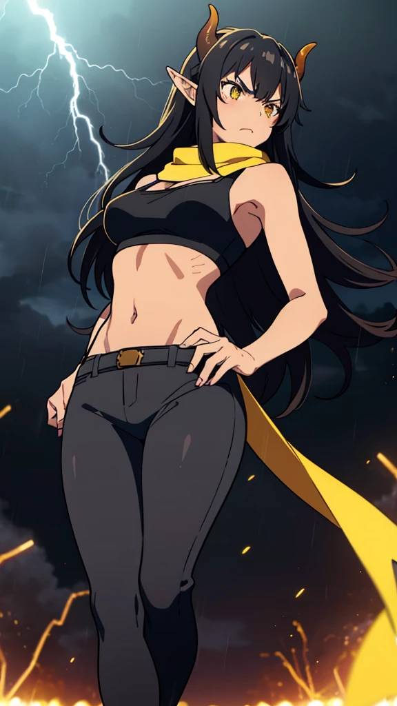 ((1girl,solo,mature female,25s,adult)),long hair, black hair,angry,horns,elf ears,yellow scarf,cleavage,((dark skin)),((black sports bra, midriff)),((black leather pants)),night, fireflies, fantasy,rain,thunder clouds,walking,lightning,lightnings lights,sparks,lightning magic,((shot from below,focus on feet))