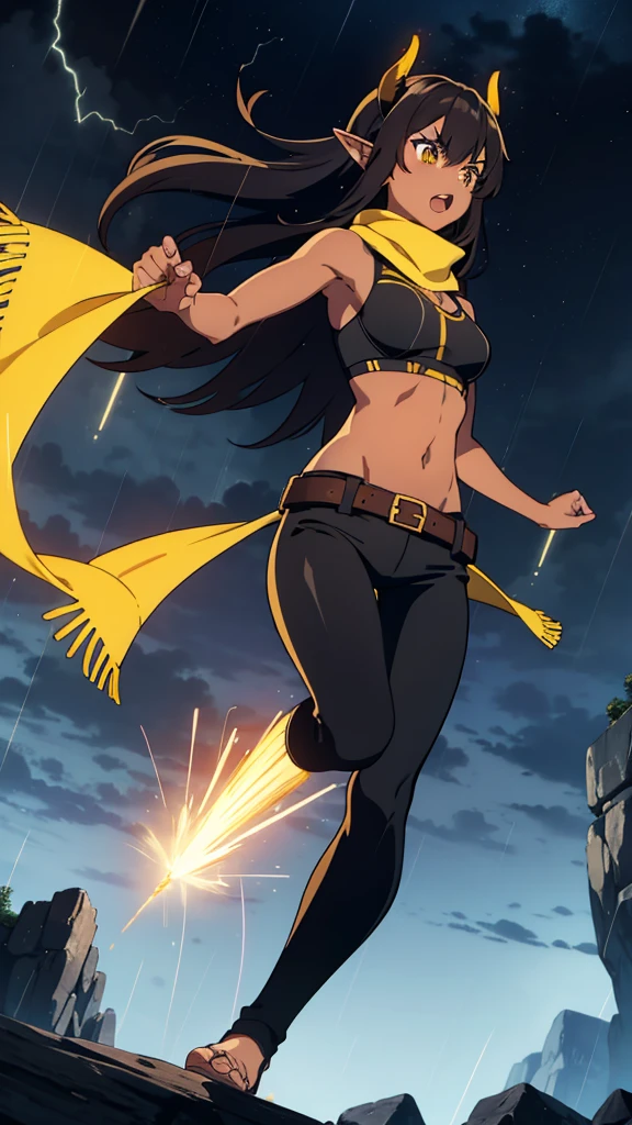 ((1girl,solo,mature female,25s,adult)),long hair, black hair,angry,horns,elf ears,yellow scarf,cleavage,((dark skin)),((black sports bra, midriff)),((black leather pants)),night, fireflies, fantasy,rain,thunder clouds,walking,lightning,lightnings lights,sparks,lightning magic,((shot from below,focus on feet))