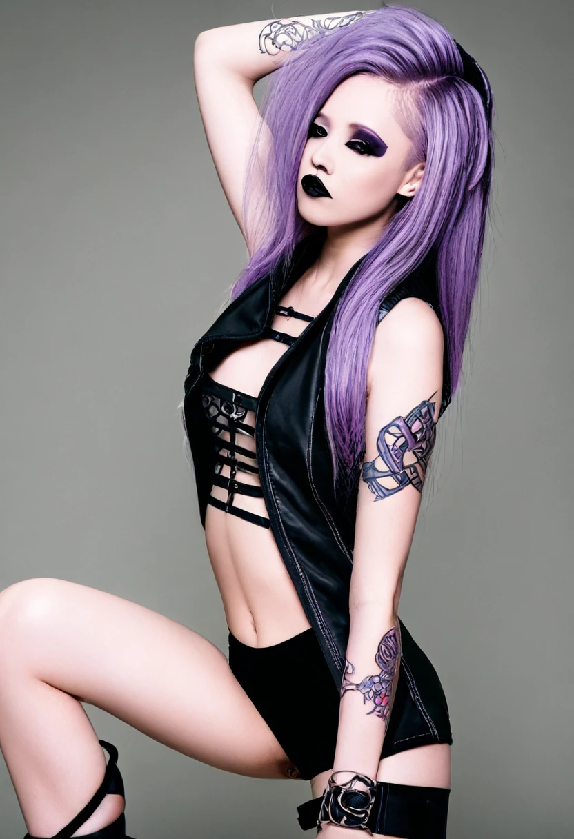 rating_explicit, beautyful woman, gothic, woman, black lipstick, tattoos in whole body, slim body, sexy ninja lilac vest, slender body, long hair, lilac vest, lilac sidecut hair, lilac hair, sidecut hair