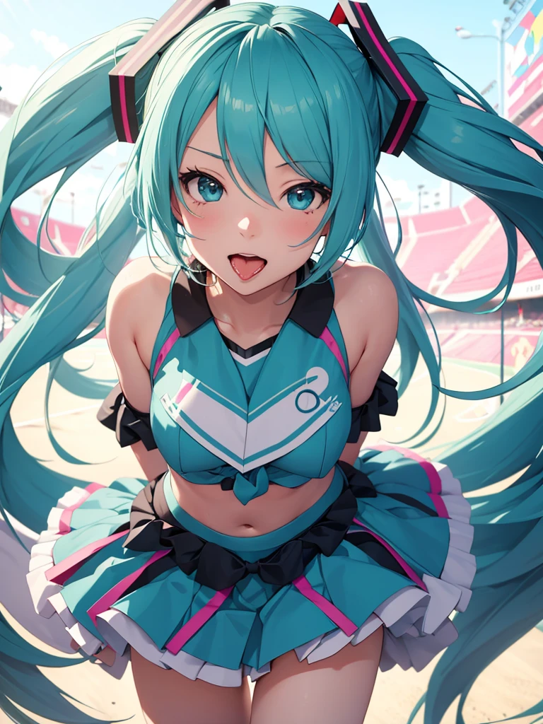 Hatsune Miku, cheerleader, showing the tongue