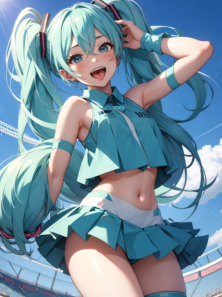 Hatsune Miku, cheerleader, showing the tongue