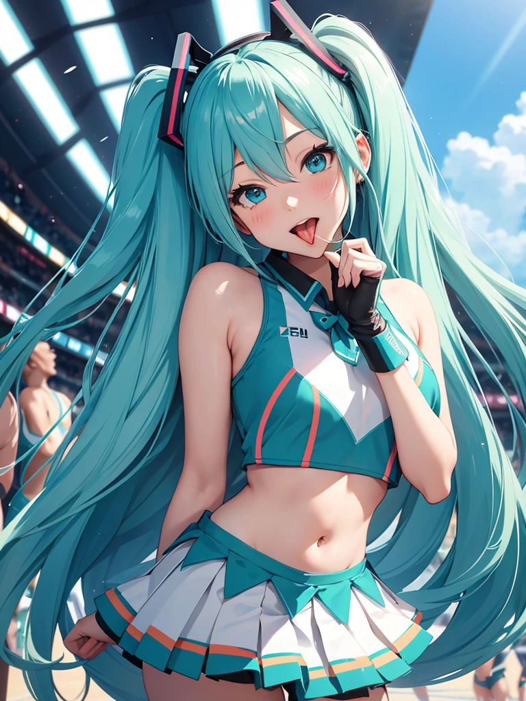 Hatsune Miku, cheerleader, showing the tongue