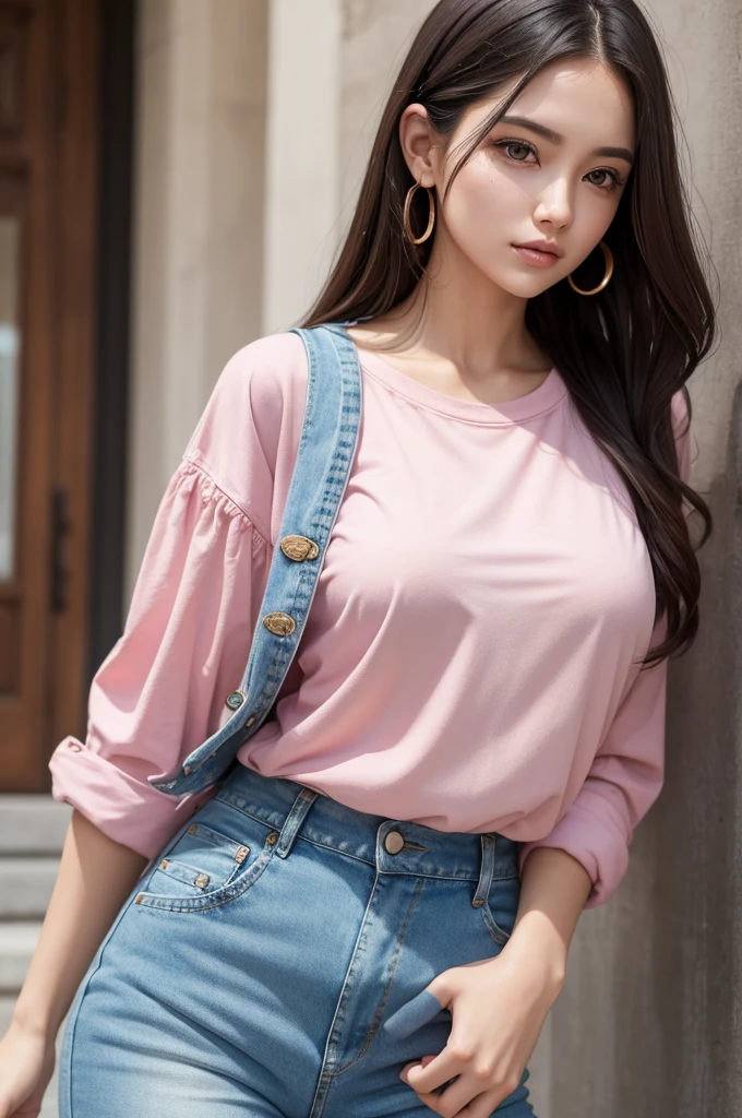 A beautiful and attractive human woman wearing a pink shirt and denim shorts