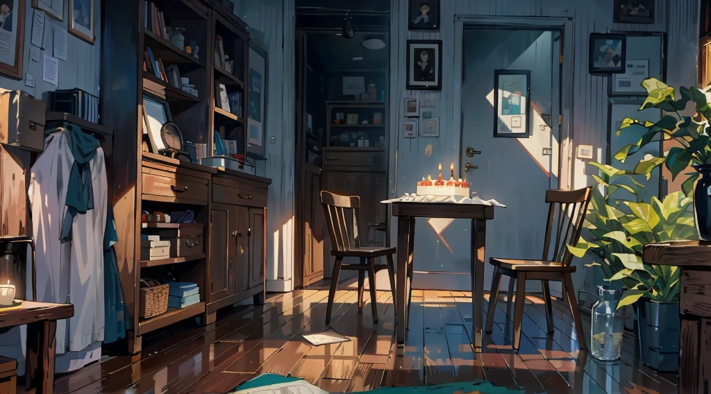（best quality，masterpiece：1.2，detailed details，4k），A dim old apartment, a small birthday cake on an old wooden table, a modern apartment, an alarm clock on the wall, an anime scene,the wooden floor, 