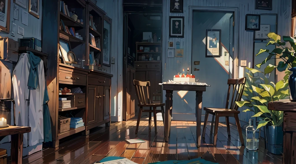 (best quality,masterpiece:1.2,detailed details,4k),A dim old apartment, a small birthday cake on an old wooden table, a modern apartment, an alarm clock on the wall, an anime scene,the wooden floor,