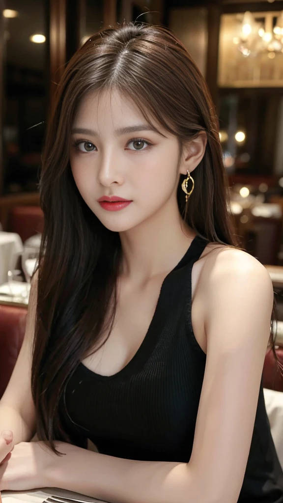 masterpiece, highest quality, Realistic, Very detailed, Finer details, High resolution, 8k wallpaper, One beautiful woman, Wear an elegant black see-through shirt, In a great restaurant, At night, Light brown messy hair, Perfect dynamic composition, Beautiful and beautiful eyes、Big earrings、Sleeveless shirt、