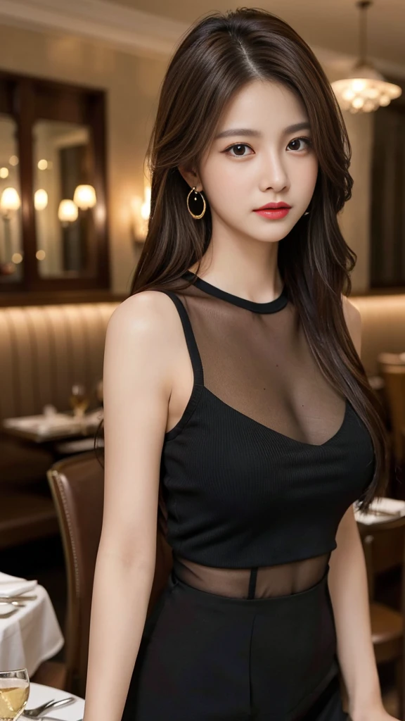 masterpiece, highest quality, Realistic, Very detailed, Finer details, High resolution, 8k wallpaper, One beautiful woman, Wear an elegant black see-through shirt, In a great restaurant, At night, Light brown messy hair, Perfect dynamic composition, Beautiful and beautiful eyes、Big earrings、Sleeveless shirt、