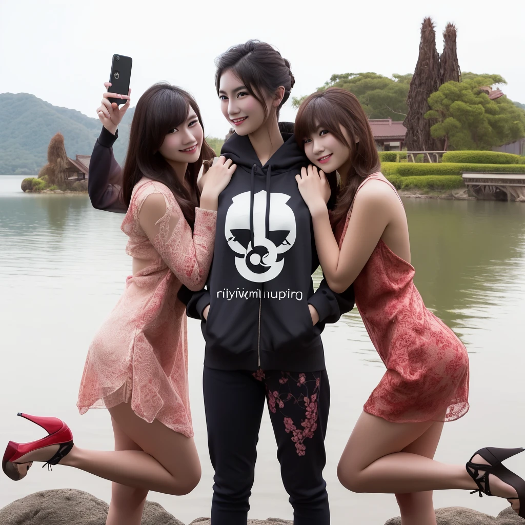 a beautiful detailed portrait of three asian models in bikini g-strings, posing in front of a serene lake, extremely detailed faces and expressions, little smile, high quality, 8k, photorealistic, professional photography, natural lighting, warm color tones, intricate details, elegant, graceful, alluring