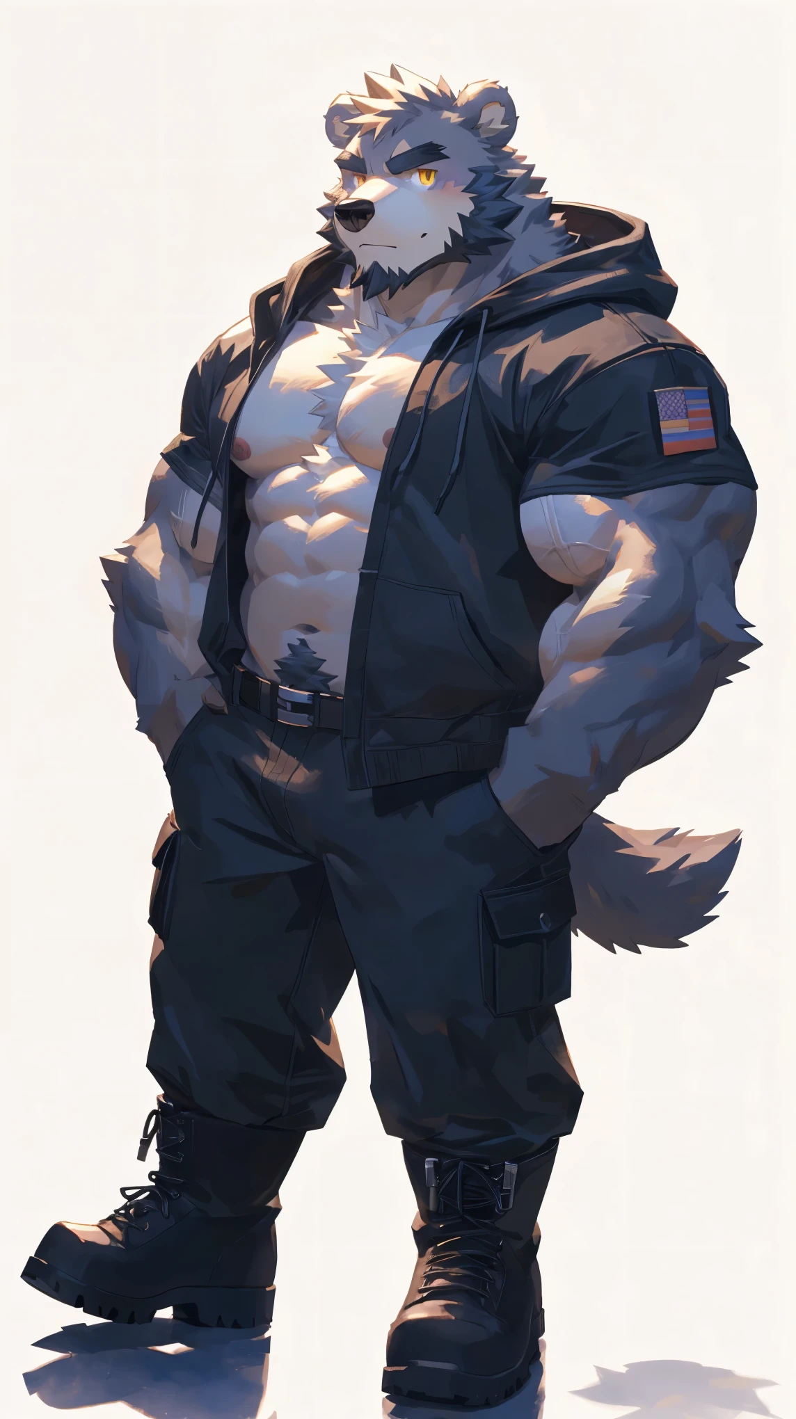 (masterpiece:1.2), best quality,pixiv,official art,perfect anatomy, (Ray tracing, light),solo, (1_male:1.3) , (muscle), (grey fur:1.4), (muscle bear), (beard:1.2), (gleaming golden eyes), bear tail, Thick eyebrows, open hoodie, (naked inside:1.2), cargo pants, (boots:1.2), (pure white background: 1.3)