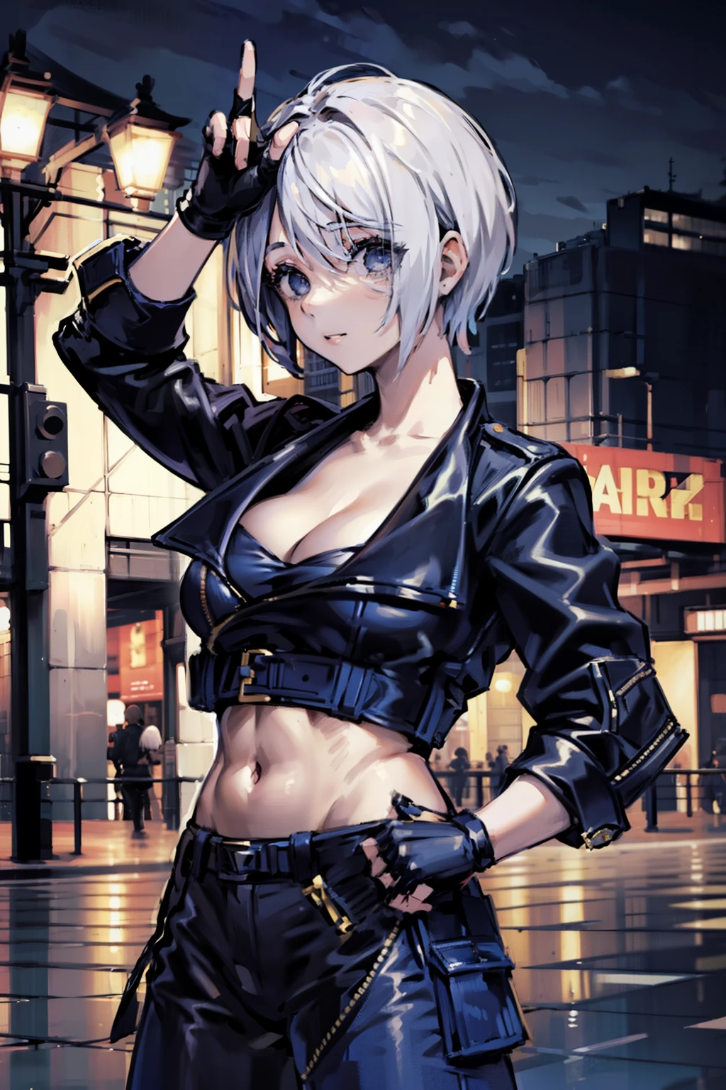 detailed portrait of a beautiful woman, 1girl, (AngelMS:1.4), midriff, opposite side, looking at viewer, (cleavage), cropped jacket, best quality, 4k, 8k, highres, masterpiece:1.2, ultra-detailed, URBAN SAMURAI