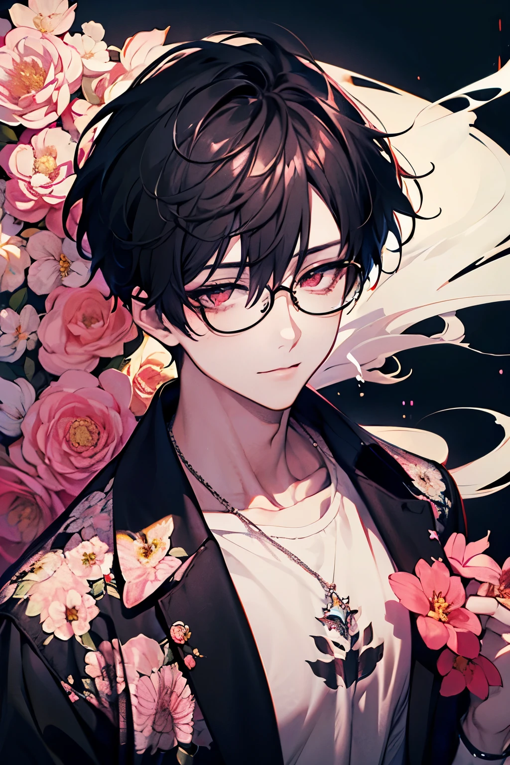 Beautiful young men's,black hair, red eyes,muscle,Shiny Sparkling eyes,Colorful floral short-sleeved sweatshirt,(smokes),Alley, smoke,high quality, amount of drawing, pixiv illustration,beautiful image,perfect pixiv,upper body,smile,glasses,(White,yellow,pink,black)