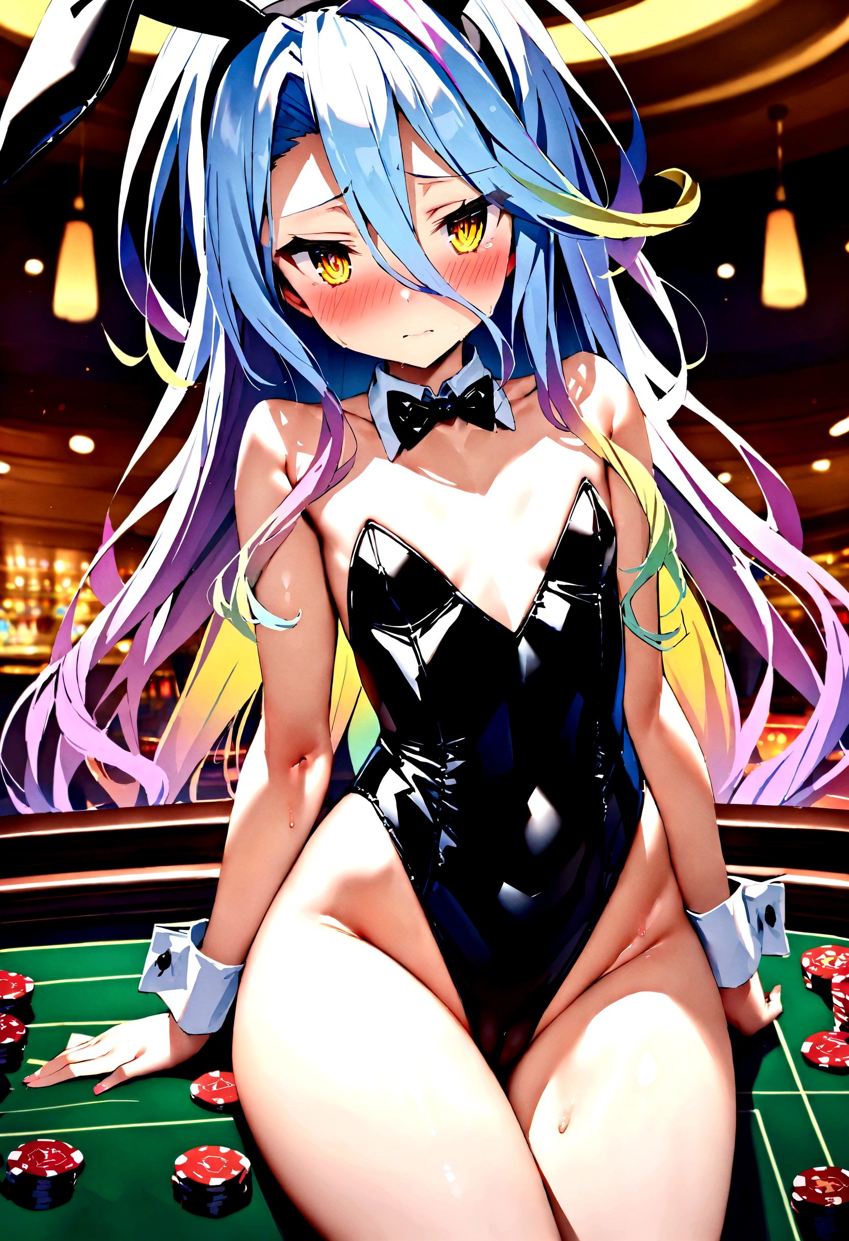 NSFW,masterpiece,Highest quality,High resolution,Super detailed,Shiro \(no game No life\),Long Hair,Multicolored Hair,Hair between the eyes,Gradient Hair,Yellow Eyes,Flat Chest,Bunny ears,Playboy Bunny,casino,Embarrassed,blush,Leg spread